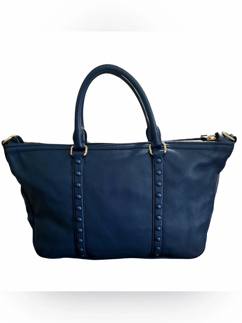 Coach Blue Central Studded Pebble Leather Satchel - Picture 10 of 11